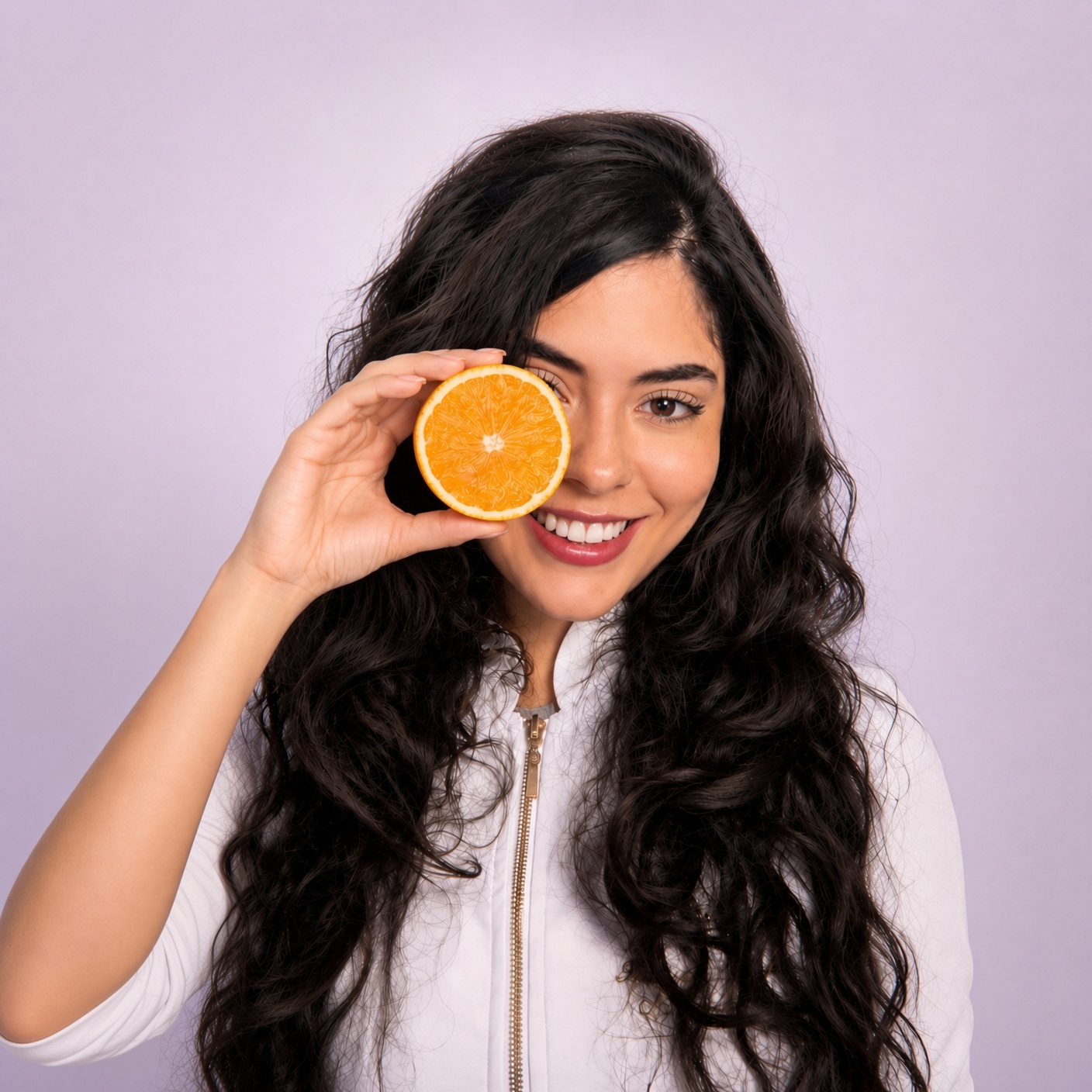 Raquel Marsico segurando uma metade de laranja
